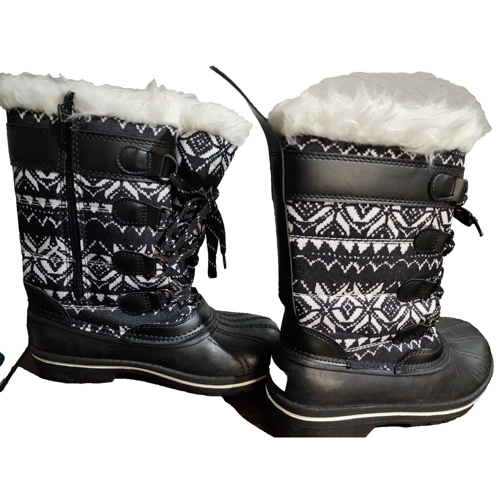 NEW Girls Wonder Nation Black White Aztec Faux Fur Trim Lace Winter Boots size 4